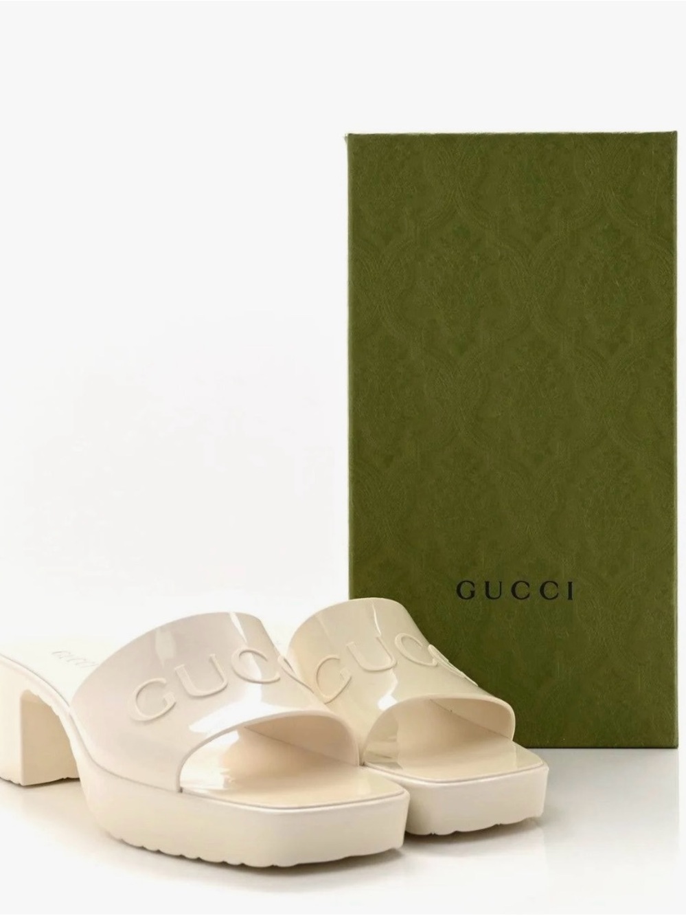 Gucci Cream Patent Platform Slide Mules